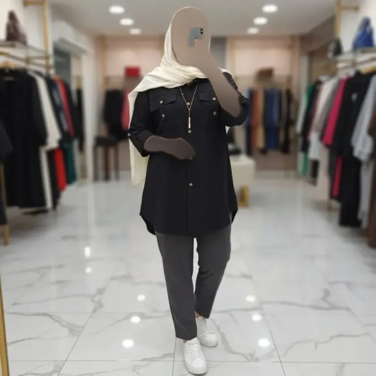 شومیز مانتویی زنانه مدل هلیا جنس شانتون آستین پاگن دار