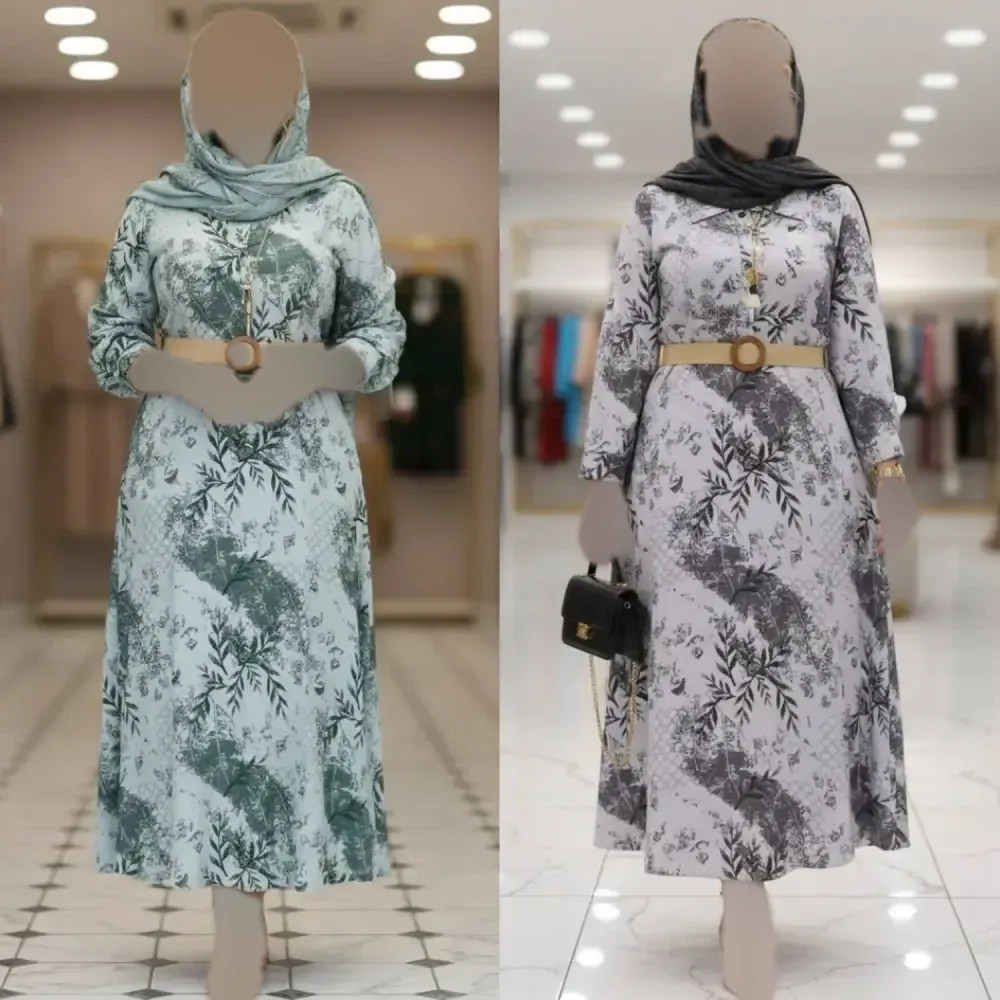 کفتان زنانه طرح برگی جنس سوفیا چاپی فری سایز با کمربند کنفی