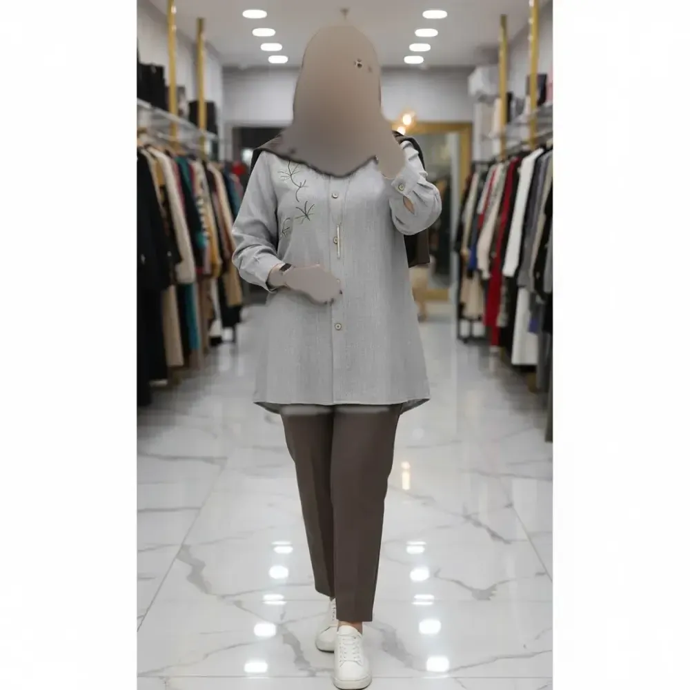 شومیز مانتویی گلاره جنس شانتون پفکی گلدوزی شده فری سایز