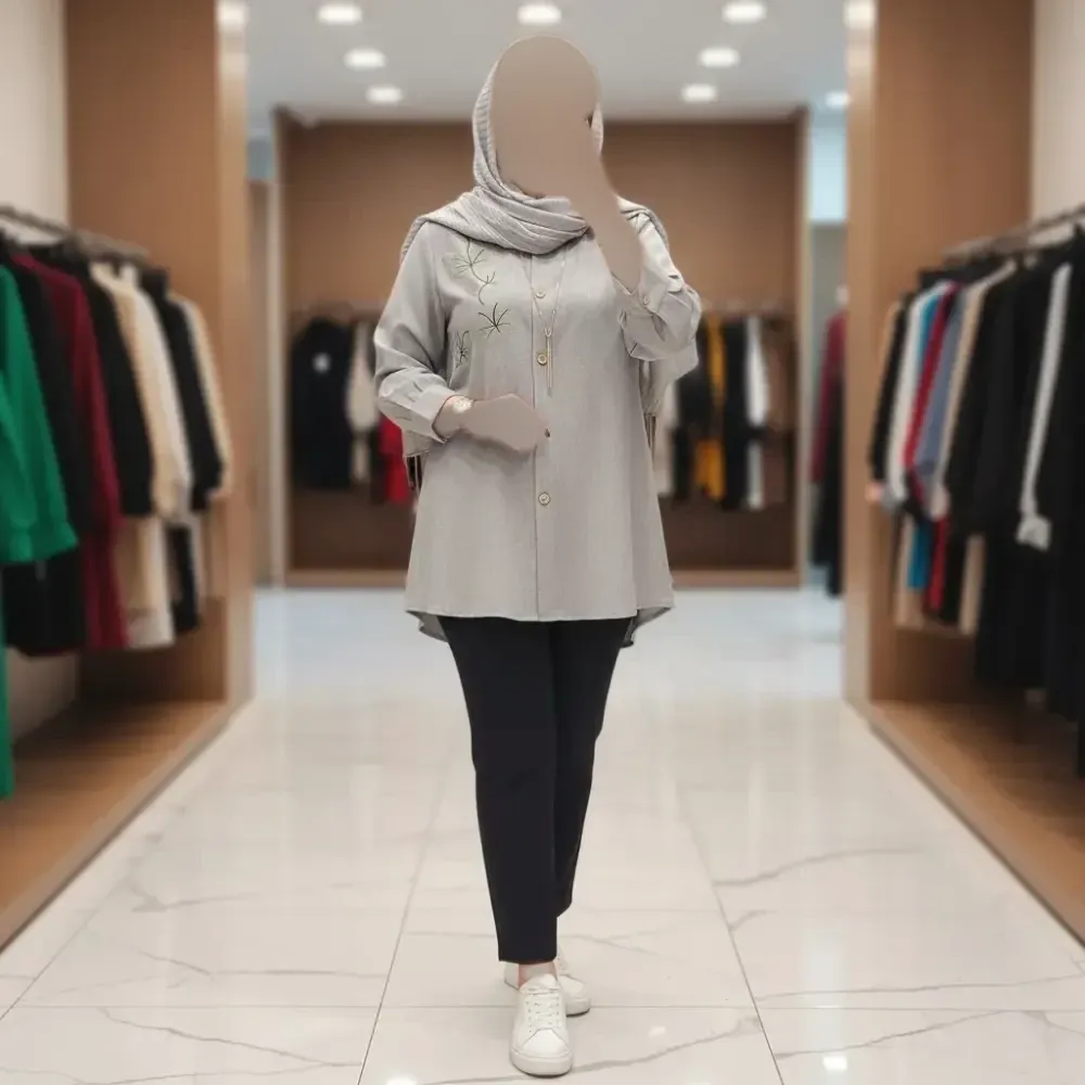 شومیز مانتویی گلاره جنس شانتون پفکی گلدوزی شده فری سایز