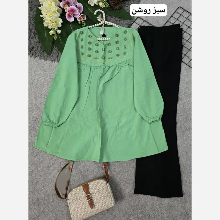 شومیز مانتویی گلدوزی شده زنانه جنس الیاف طبیعی فری سایز 38 تا 48