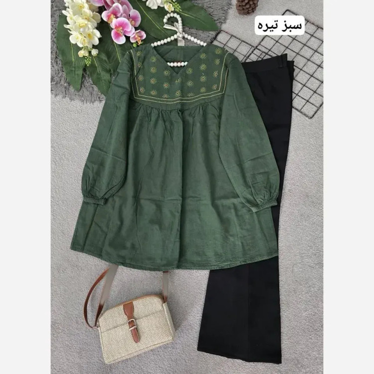 شومیز مانتویی گلدوزی شده زنانه جنس الیاف طبیعی فری سایز 38 تا 48