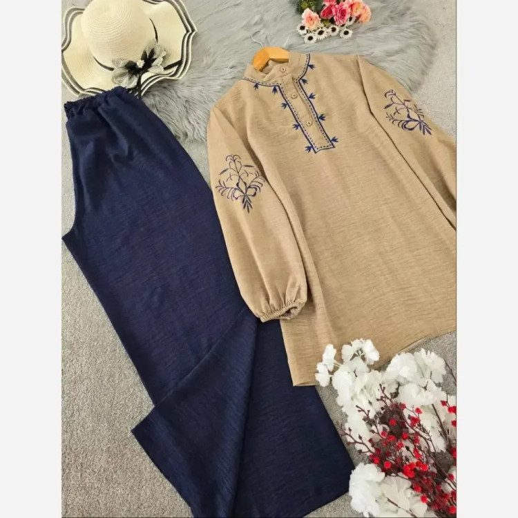 ست تونیک شلوار زنانه گلدوزی شده جنس شانتون فری سایز
