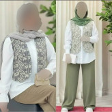 ست سه تیکه زنانه شومیز داکرون و جلیقه خامه دوزی شانتون صوفیا فری سایز 38 تا 46