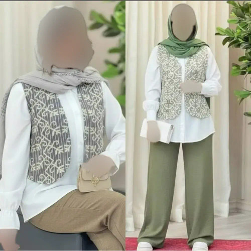 ست سه تیکه زنانه شومیز داکرون و جلیقه خامه دوزی شانتون صوفیا فری سایز 38 تا 46