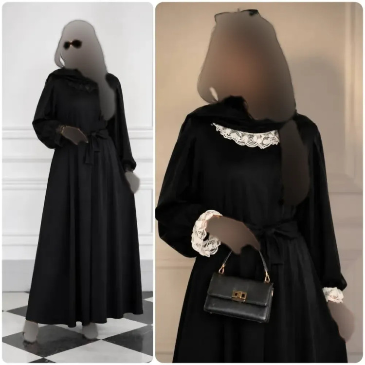 عبا زنانه مدل مروارید جنس الیزه با خرج کار تور دانتل فری سایز