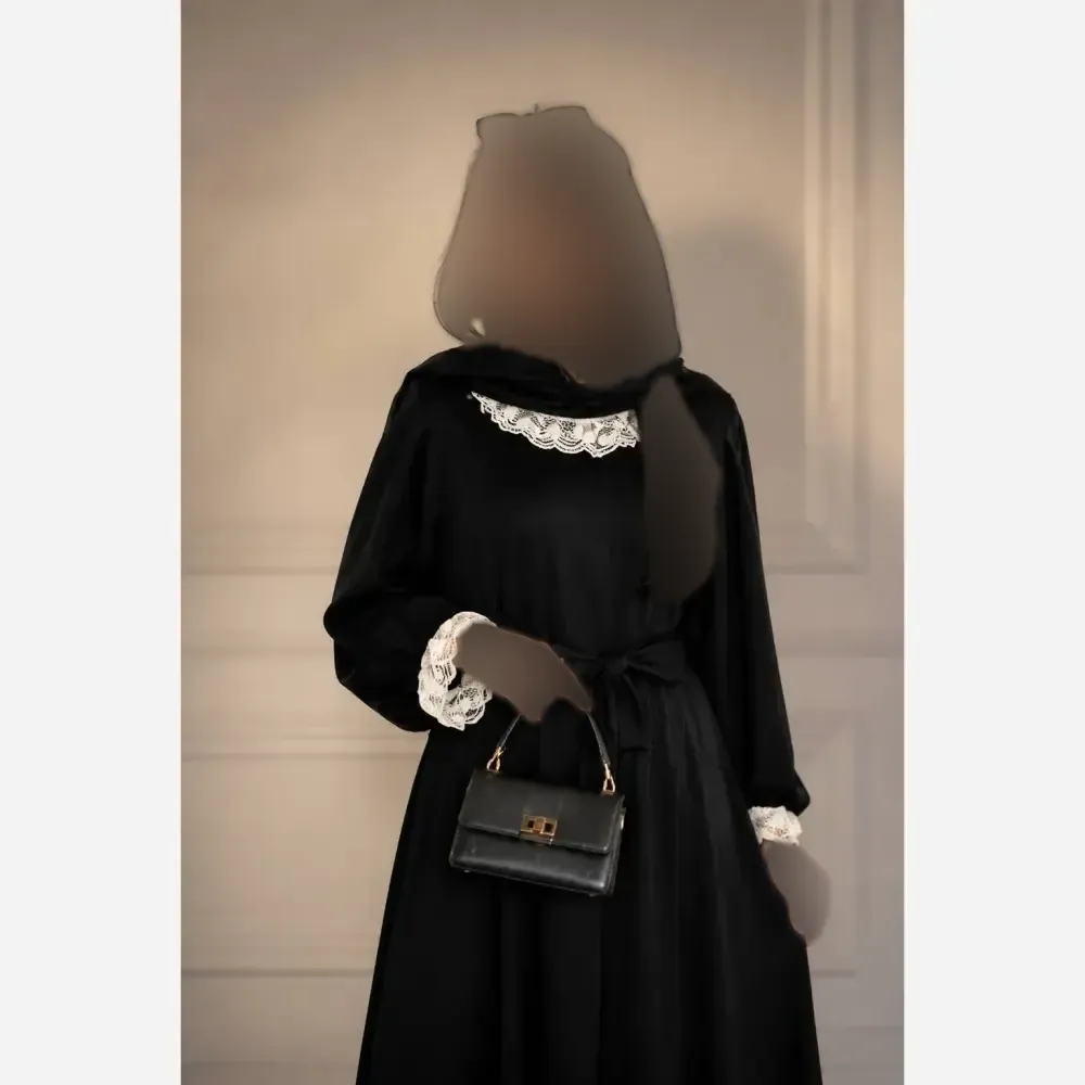 عبا زنانه مدل مروارید جنس الیزه با خرج کار تور دانتل فری سایز