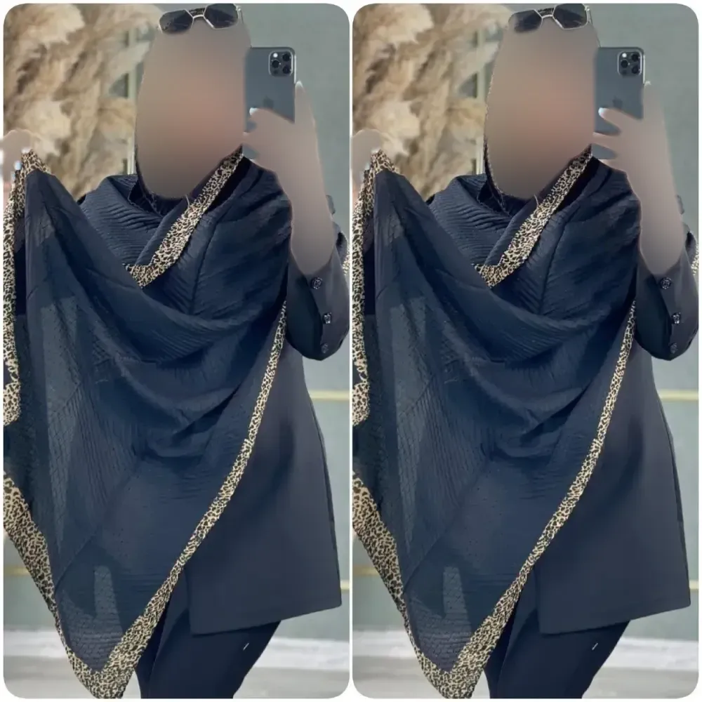 شال حاشیه پلنگی مشکی جنس پلیسه ریز ابعاد 60 در 180 سانت
