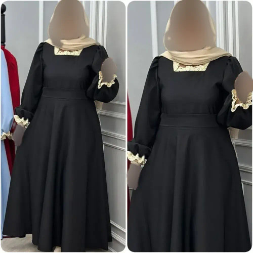پیراهن زنانه یقه گیپور مدل شهرزاد جنس الیزه رنگ مشکی فری سایز