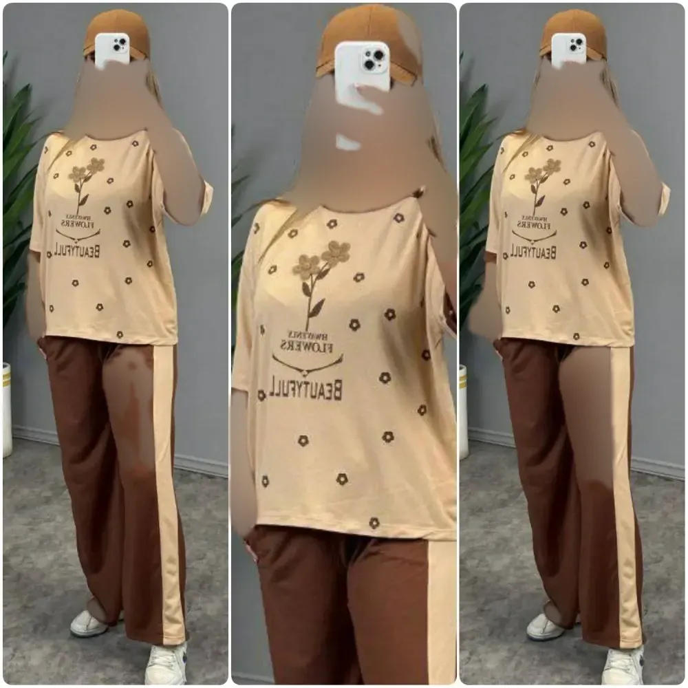 ست تیشرت و شلوار زنانه مدل طهورا جنس پنبه گلکسی فری سایز 36 تا 46
