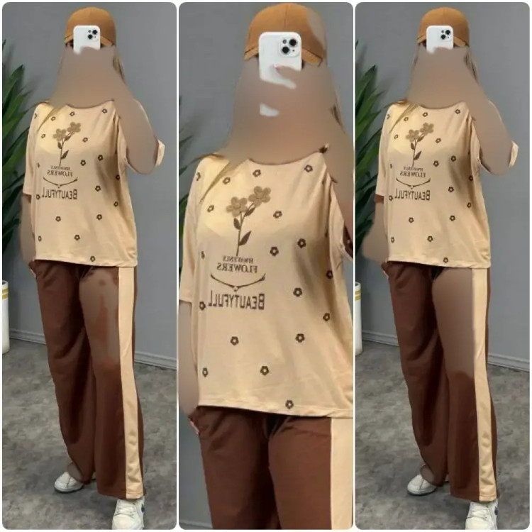 ست تیشرت و شلوار زنانه مدل طهورا جنس پنبه گلکسی فری سایز 36 تا 46