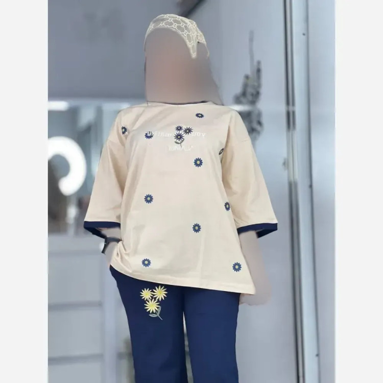 ست تیشرت و شلوار زنانه مدل ترلان جنس پنبه لاکرا سایز فری 36 تا 46