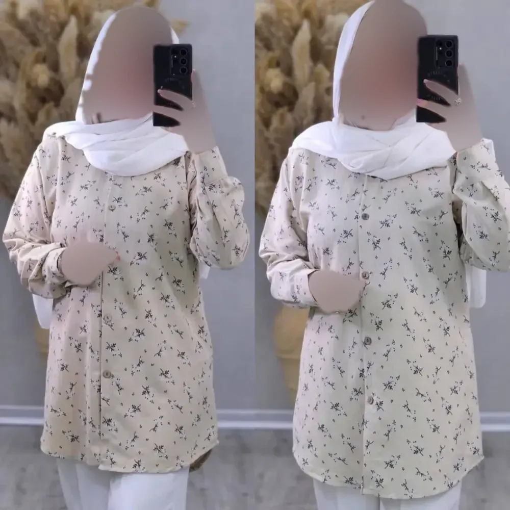 شومیز مانتویی زنانه طرح گل گچی بابونه جنس شانتون رنگ نسکافه ای
