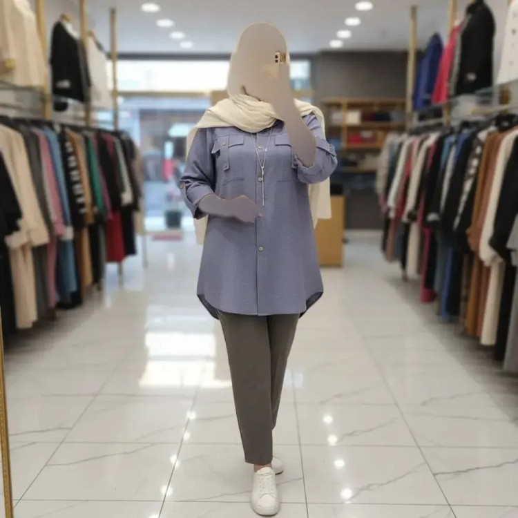 شومیز مانتویی زنانه مدل هلیا جنس شانتون در دو رنگ کرم و طوسی