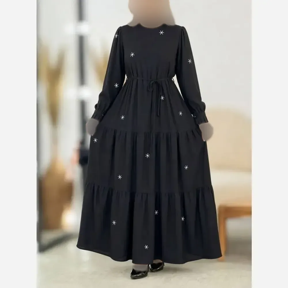 پیراهن زنانه مجلسی مدل ستاره جنس بوگاتی رنگ مشکی فری سایز 38 تا 46