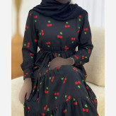 پیراهن زنانه مجلسی طرح گیلاسی جنس بوگاتی مشکی فری سایز