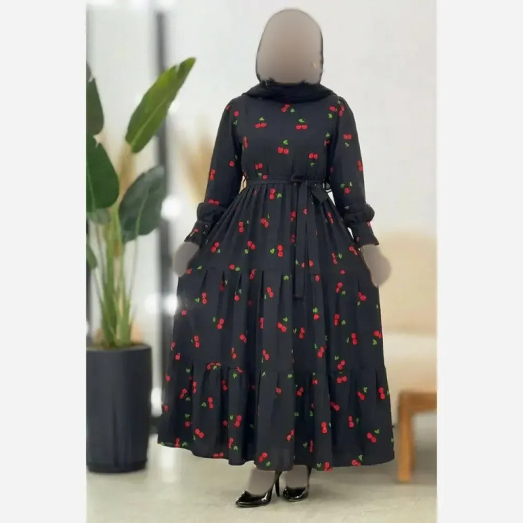پیراهن زنانه مجلسی طرح گیلاسی جنس بوگاتی مشکی فری سایز