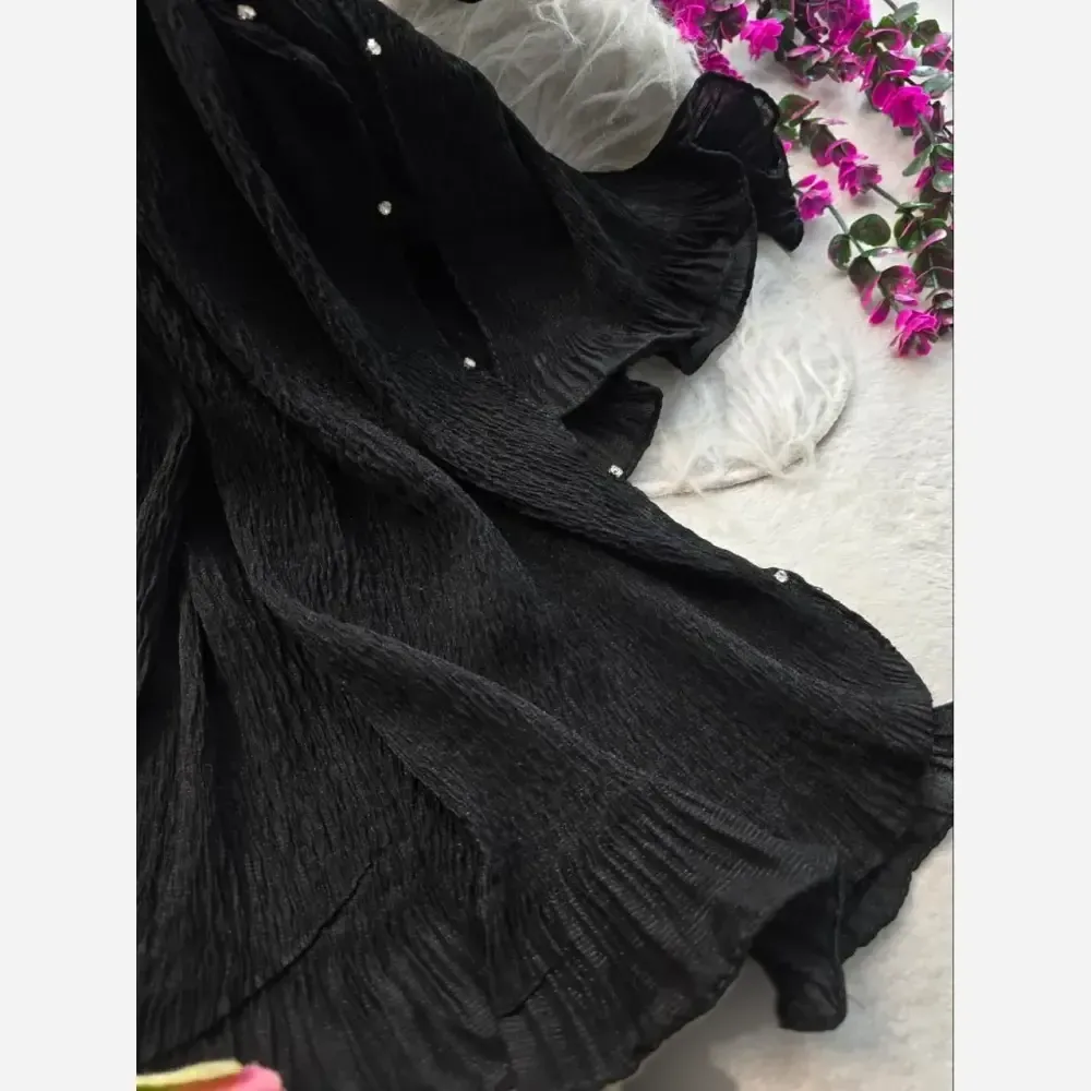 شال مجلسی زنانه طرح درختی دور دانتلی و لب نگین دار سایز 70 در 180 سانتی متر