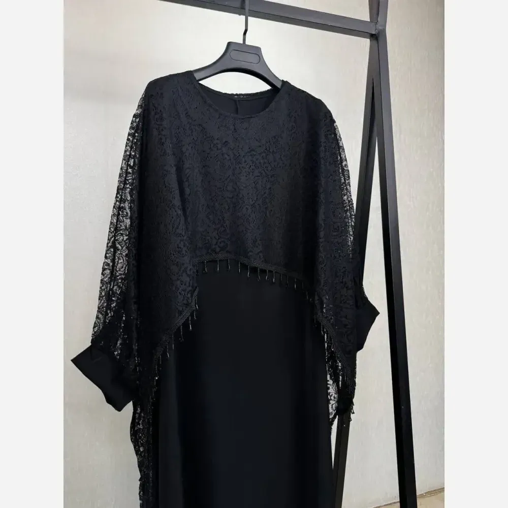 ست دوتیکه مجلسی زنانه مدل رویال سارافن بوگاتی با رویه دانتل مشکی سایز فری 38 تا 48