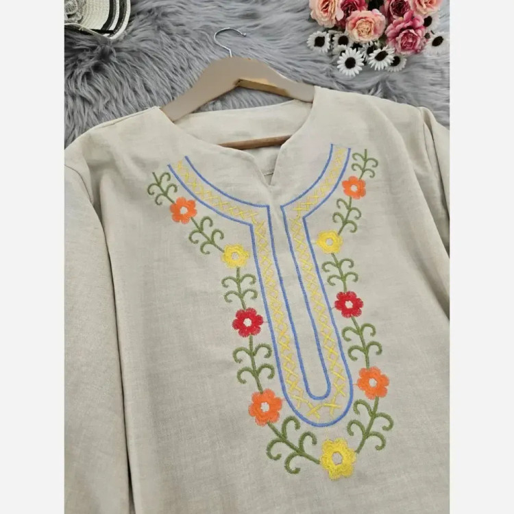 تونیک زنانه نورا جنس شانتون طرح گلدوزی شده فری سایز با مچ عروسکی و کمربند متصل