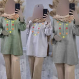 تونیک زنانه نورا جنس شانتون طرح گلدوزی شده فری سایز با مچ عروسکی و کمربند متصل