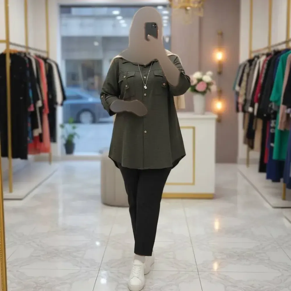 شومیز مانتویی زنانه مدل هلیا جنس شانتون آستین پاگن دار
