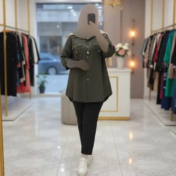 شومیز مانتویی زنانه مدل هلیا جنس شانتون آستین پاگن دار