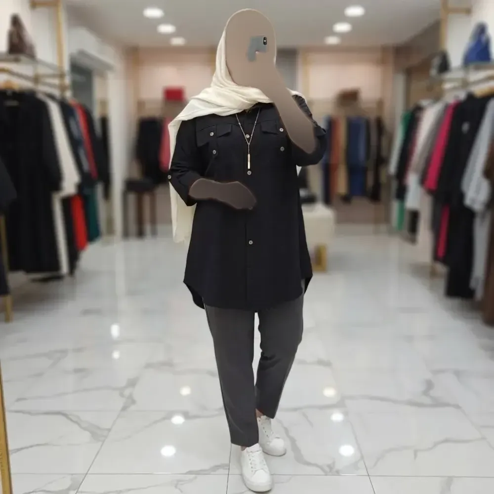 شومیز مانتویی زنانه مدل هلیا جنس شانتون آستین پاگن دار