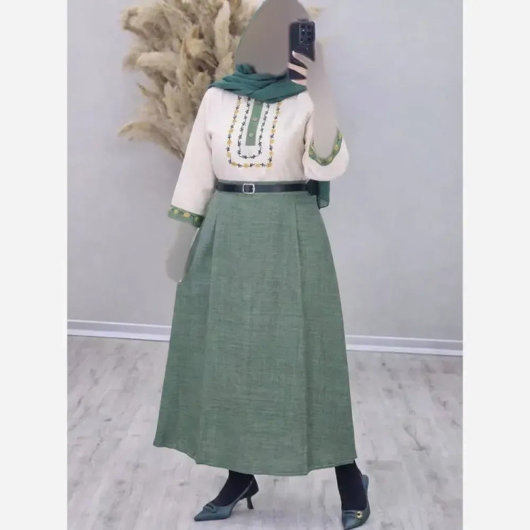ست شومیز و دامن زنانه مدل ژیوا جنس لنین و شانتون سایز فری 38 تا 46