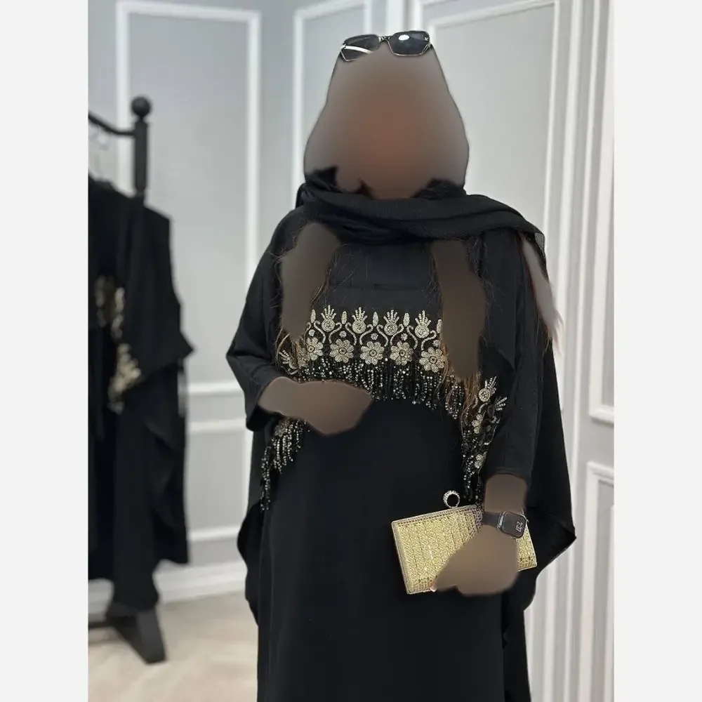 مانتو مجلسی مدل نجلا جنس ابروبادی مشکی خرج کار طلایی فری سایز 38 تا 50