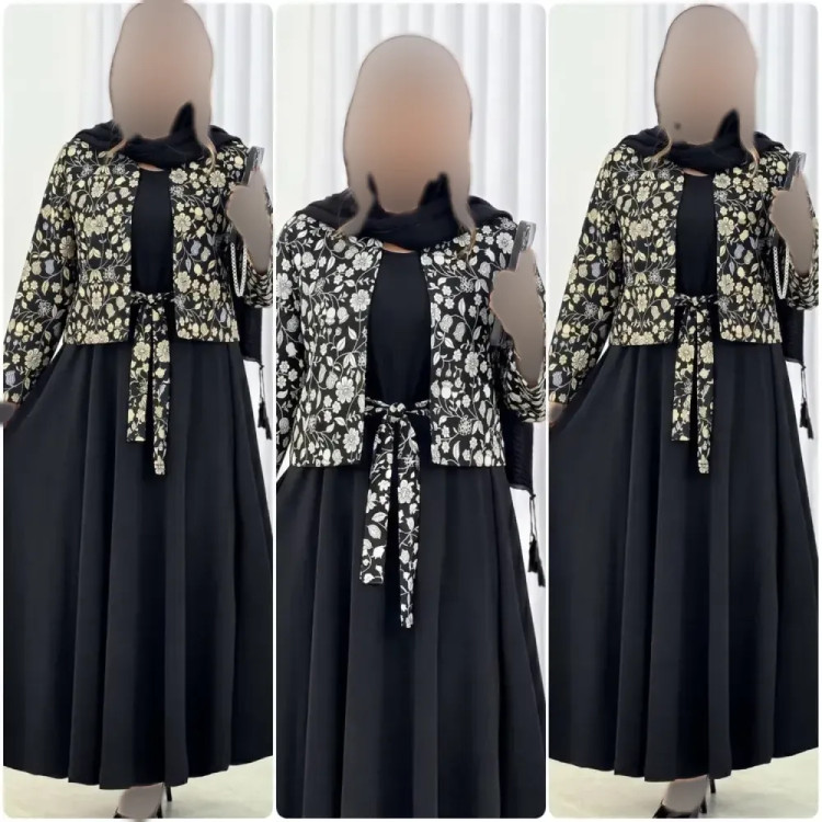 ست سه تیکه زنانه مجلسی شامل سارافن الیزه و کت تافته سوزن دوزی فری سایز 38 تا 46