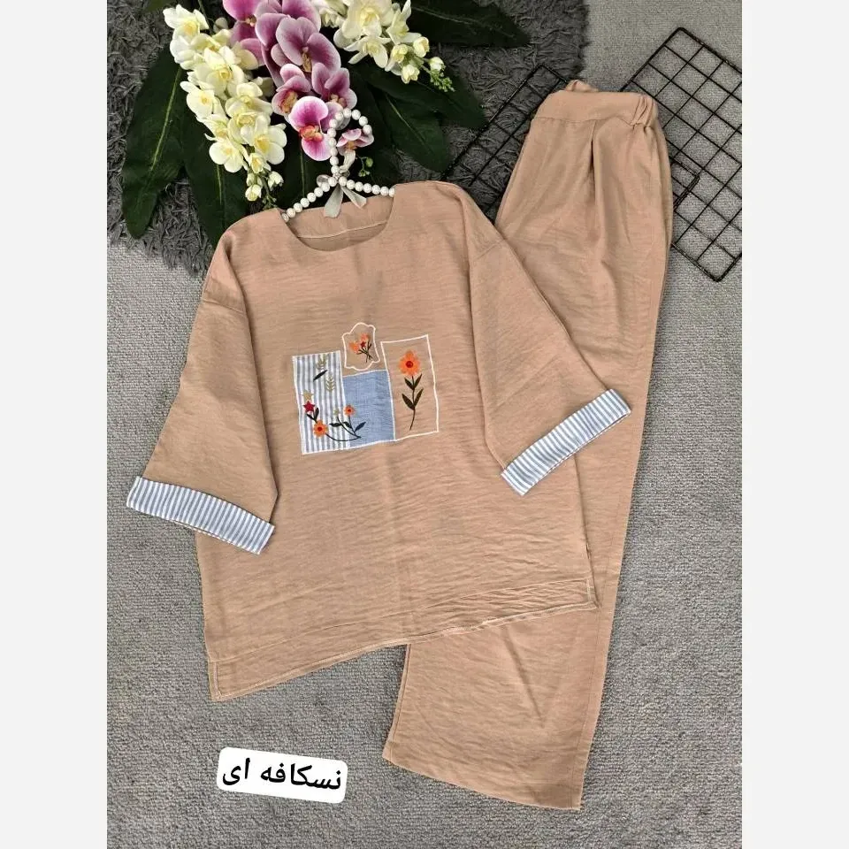 ست تونیک و شلوار زنانه تیکه دوزی جنس شانتون فری سایز 38 تا 46