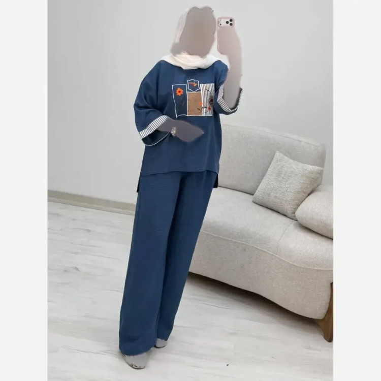 ست تونیک و شلوار زنانه تیکه دوزی جنس شانتون فری سایز 38 تا 46