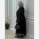 ست سه تیکه زنانه مدل شهرزاد شامل کت و دامن و شال جنس مازراتی مشکی سایز 36 تا 46