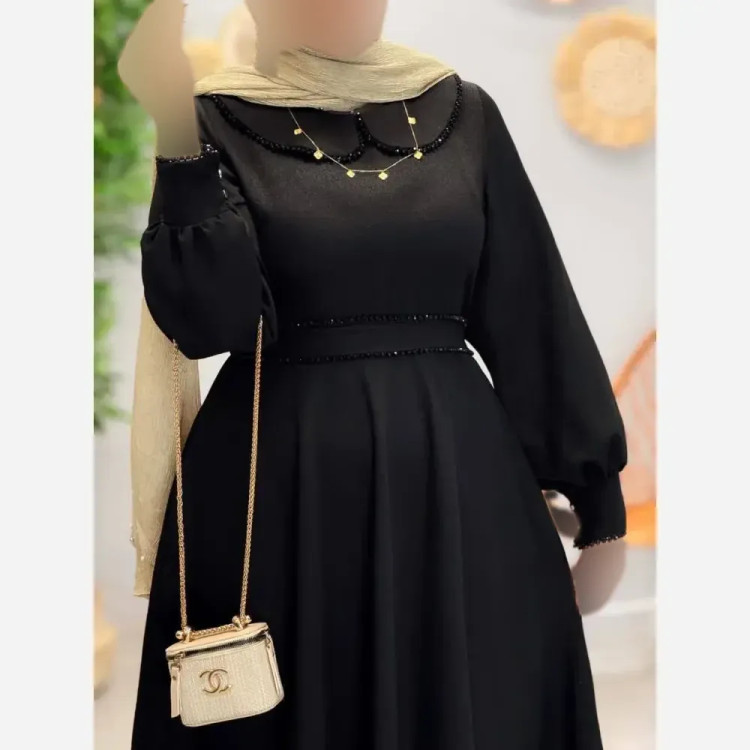 پیراهن زنانه مجلسی مدل سوگلی جنس مازراتی با خرجکار کریستال رنگ مشکی سایز فری 38 تا 46