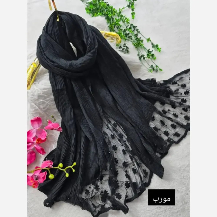 شال مجلسی برشکا وارداتی با خرجکار دانتل و مروارید ابعاد 77 در 200 سانتیمتر