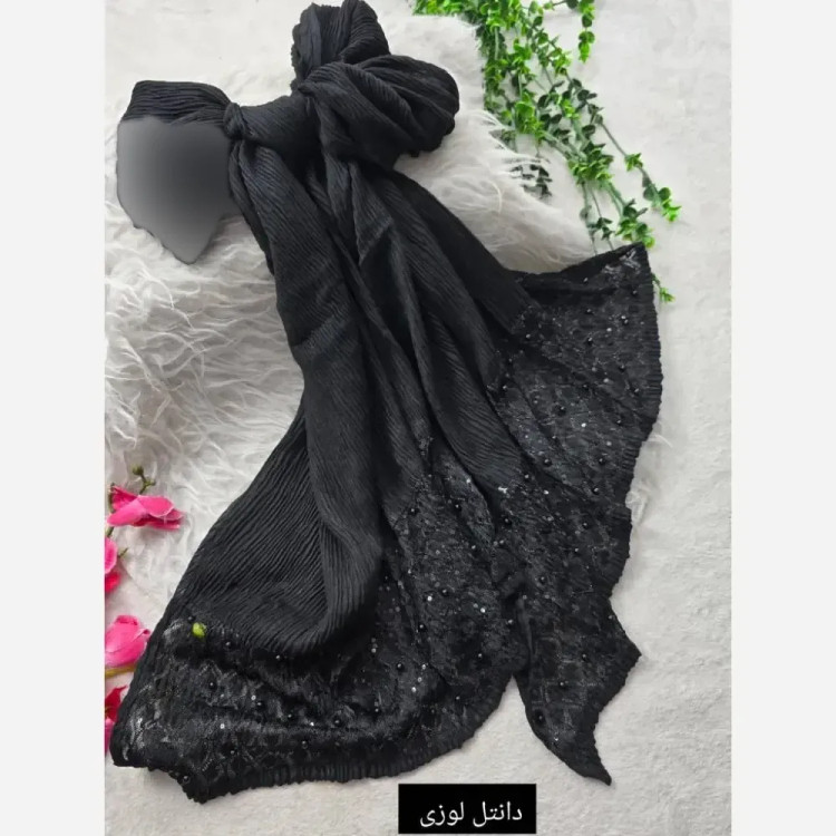 شال مجلسی برشکا وارداتی با خرجکار دانتل و مروارید ابعاد 77 در 200 سانتیمتر