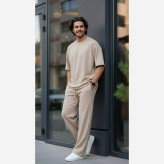 ست تیشرت و شلوار مردانه یقه گرد مدل آرسام جنس فتیله ای کبریتی فری سایز