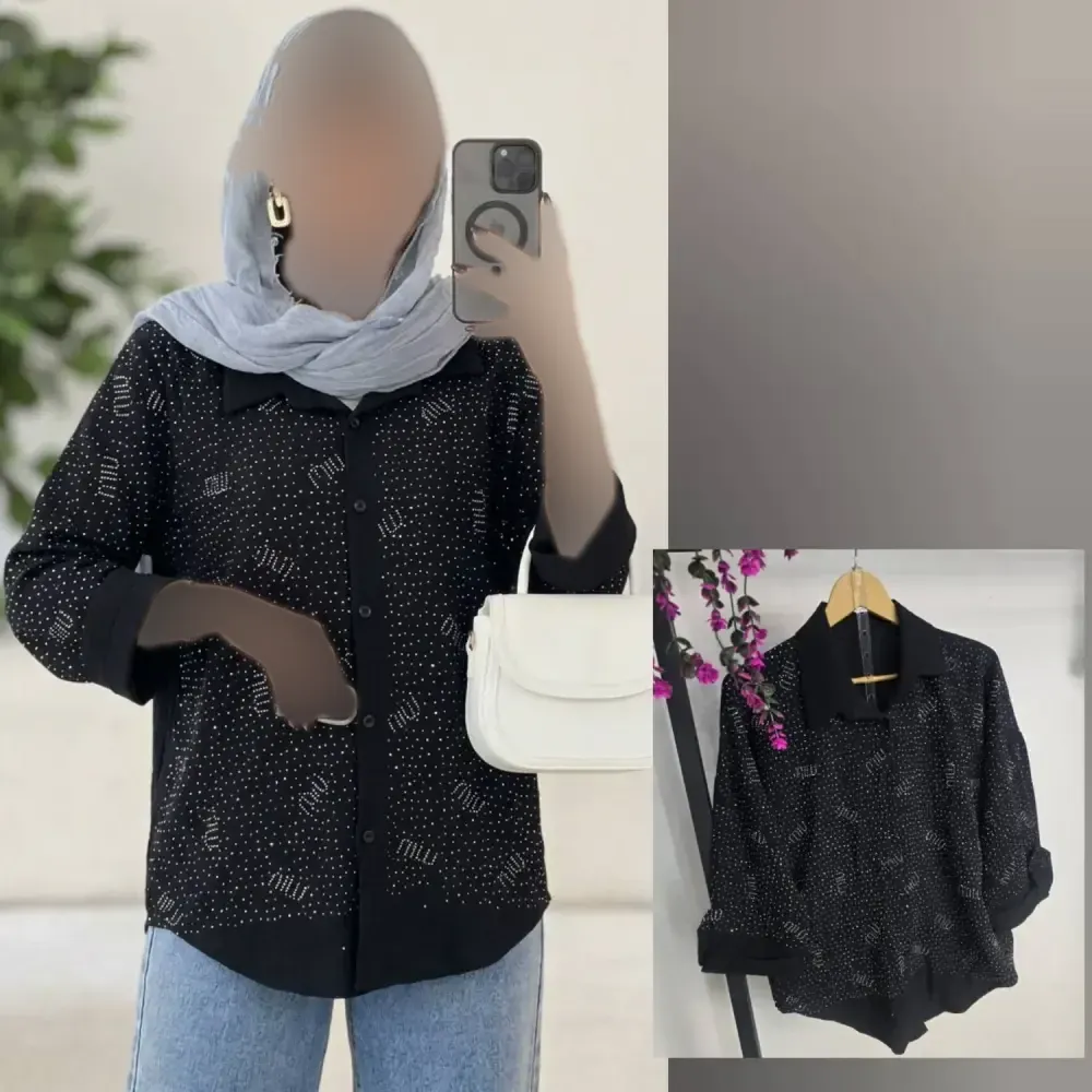 شومیز زنانه مجلسی نگیندار مشکی مدل میو جنس ینزی فری سایز