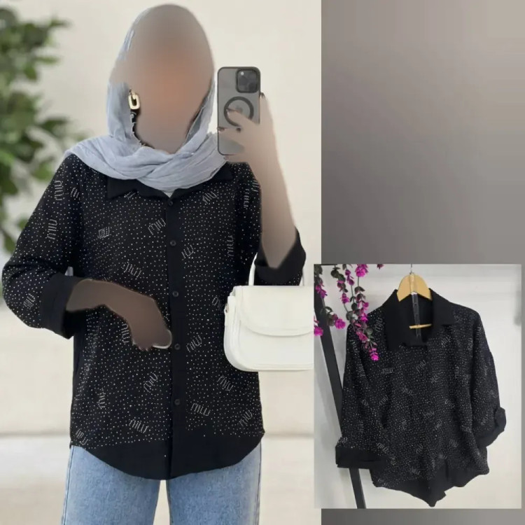شومیز زنانه مجلسی نگیندار مشکی مدل میو جنس ینزی فری سایز