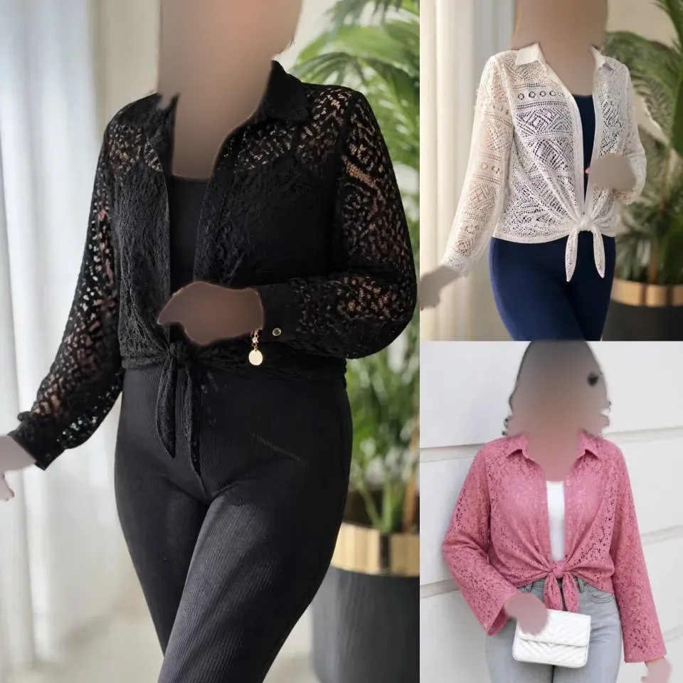 شومیز زنانه گره ای ماهلین جنس دانتل گیپور فری سایز 36 تا 46