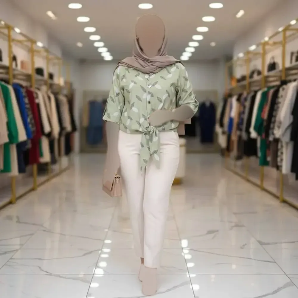شومیز زنانه مدل گره ای طرح برگی جنس شانتون فری سایز