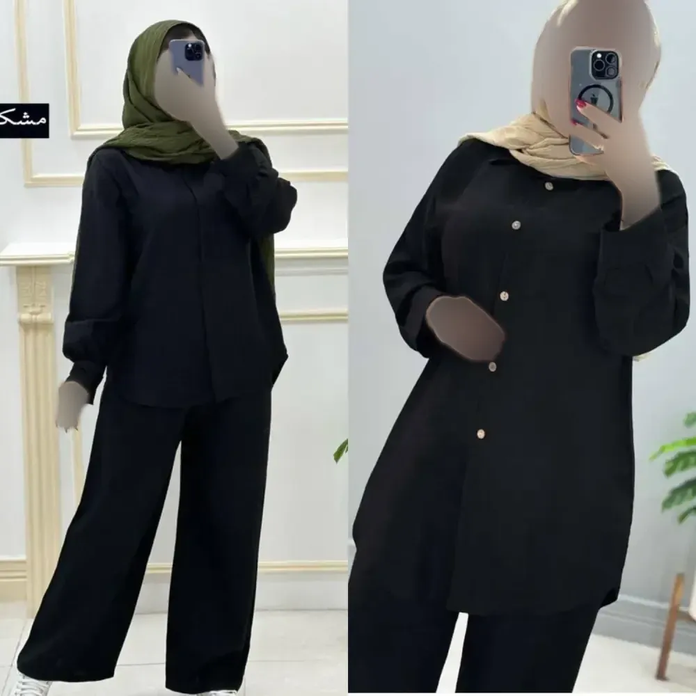ست شومیز و شلوار زنانه مشکی جنس شانتون صوفیا فری سایز 36 تا 46