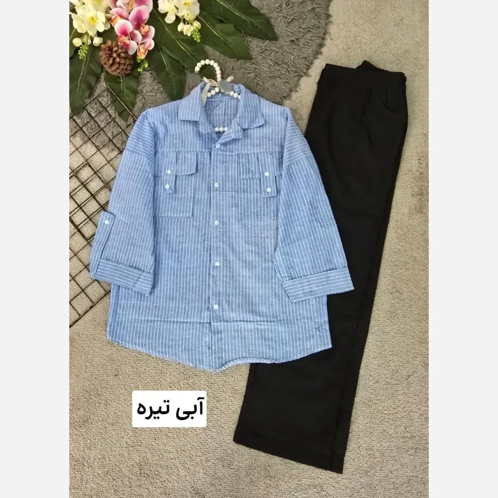 شومیز زنانه نخی راه راه مدل جیب صلیبی فری سایز 36 تا 46 آستین کیمونو