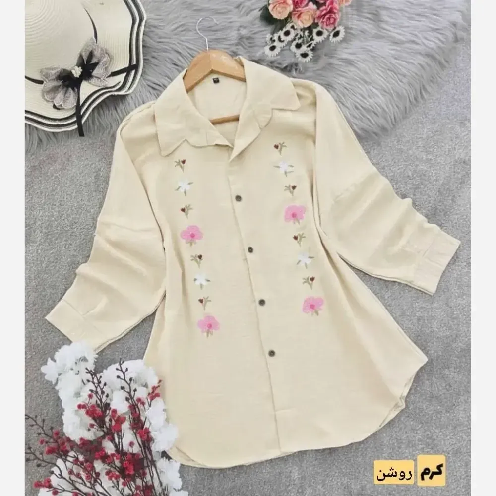 شومیز مانتویی گلدوزی شده زنانه جنس شانتون در رنگبندی متنوع سایز یک و دو