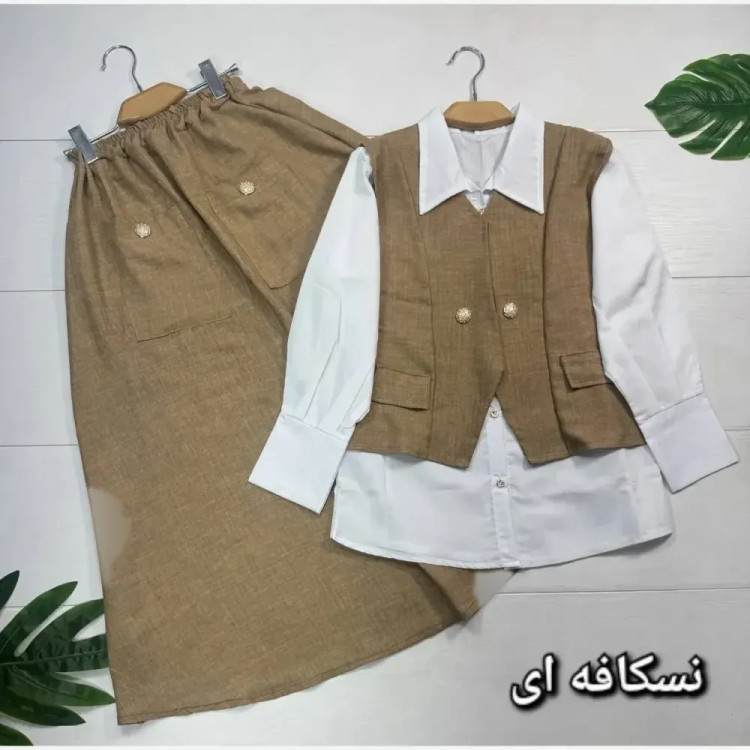 ست سه تیکه زنانه مدل مرسده شامل جلیقه و دامن شانتون و شومیز داکرون فری سایز 38 تا 46