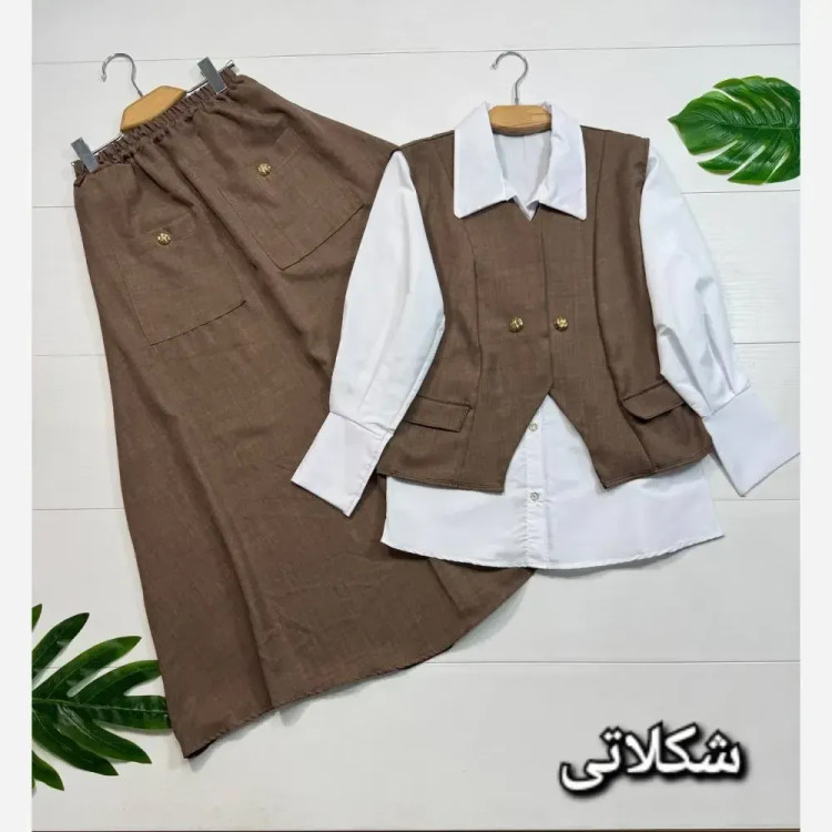 ست سه تیکه زنانه مدل مرسده شامل جلیقه و دامن شانتون و شومیز داکرون فری سایز 38 تا 46