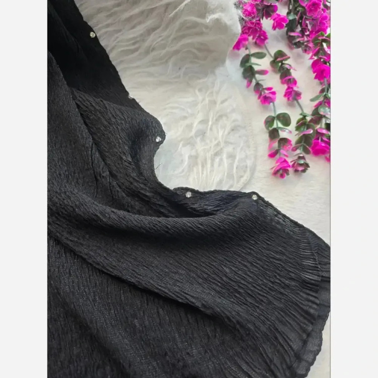 شال مجلسی زنانه طرح درختی دور دانتلی و لب نگین دار سایز 70 در 180 سانتی متر
