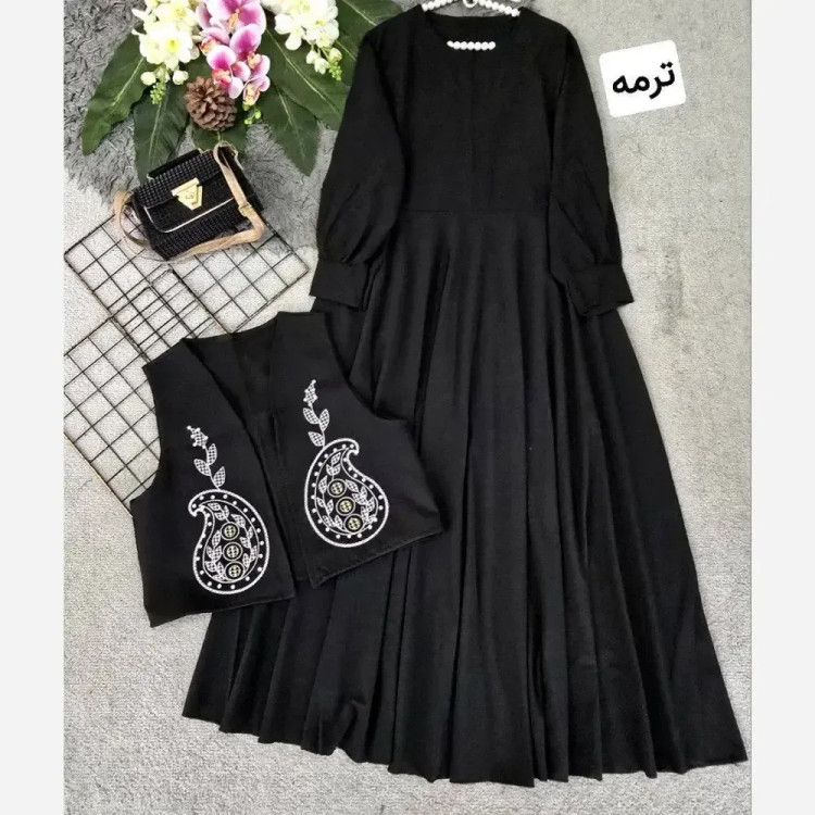 ست پیراهن پرچین و جلیقه زنانه مدل مازراتی و الیزه فری سایز 38 تا 46