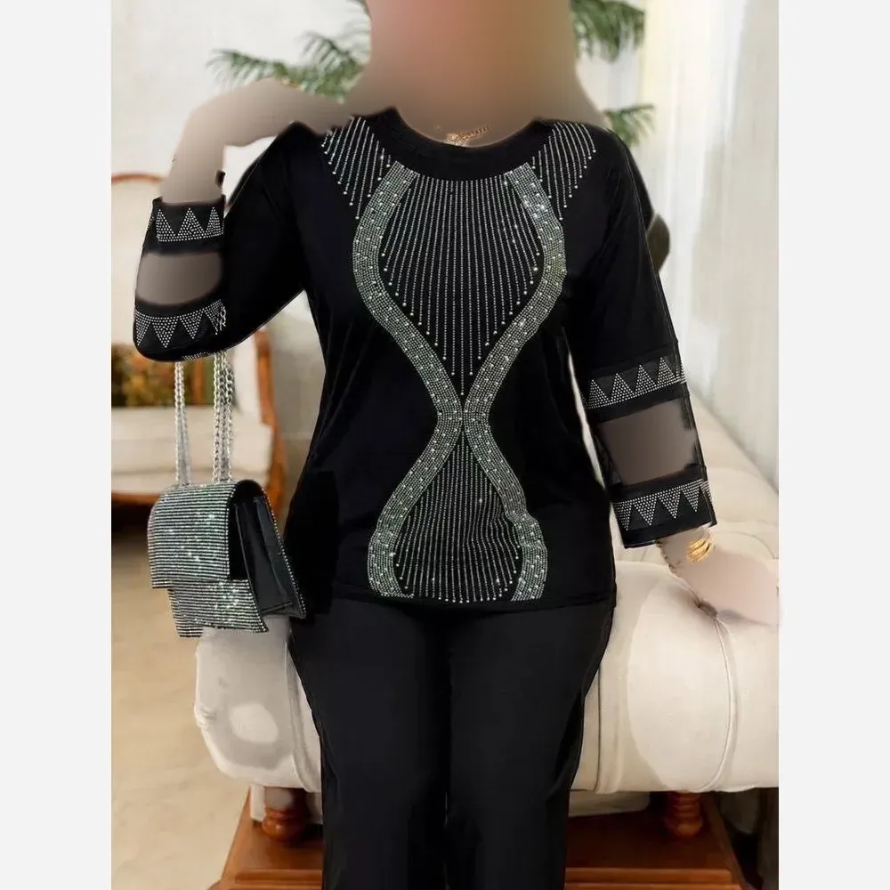 بلوز زنانه ویسکوز پنبه ای نگین دار فری سایز 38 تا 48